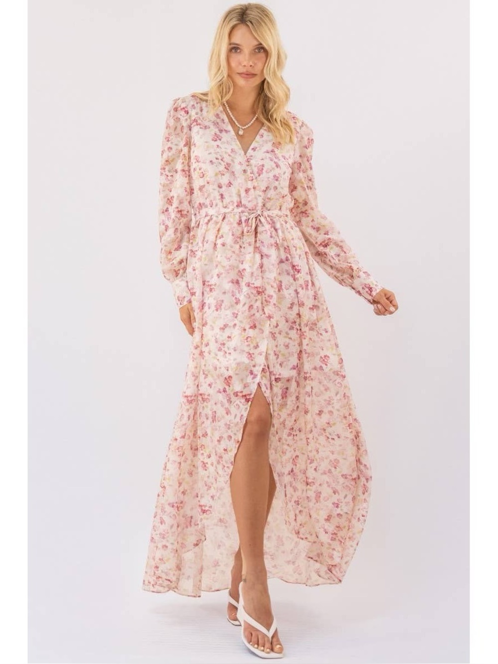 Pink Floral Wrap Maxi Dress with Tie Waist - Picture 3 of 4